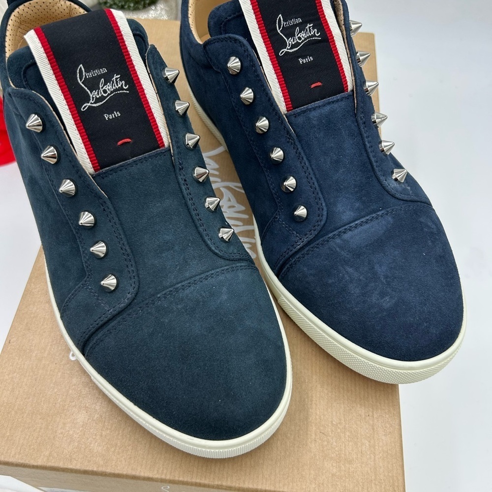 New Christian Louboutin Navy Suede Spike-Embellished Sneakers with Red Accent